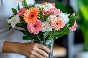  Fresh flowers being arranged in a vase, Monday morning, uplifting and cheerful