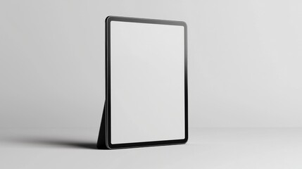 High-resolution 3D mockup of a modern tablet device standing upright against a plain background. The realistic rendering highlights the tablet's ultra-thin design and smooth edges, creating a