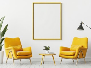 Two yellow armchairs with a coffee table and blank frame on a white wall