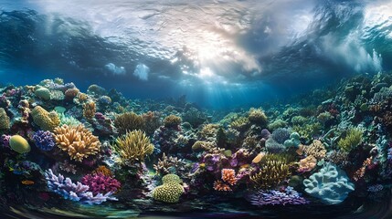 Fototapeta premium Vibrant Coral Reef Sanctuary Brimming with Diverse Underwater Marine Life in Panoramic DSLR Clarity