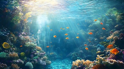 Fototapeta premium Vibrant Coral Reef Teeming with Tropical Fish in Sunlit Azure Waters