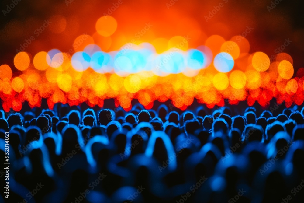 Poster vibrant and colorful bokeh of stage lights over a crowd at a concert capturing the dazzling visual e