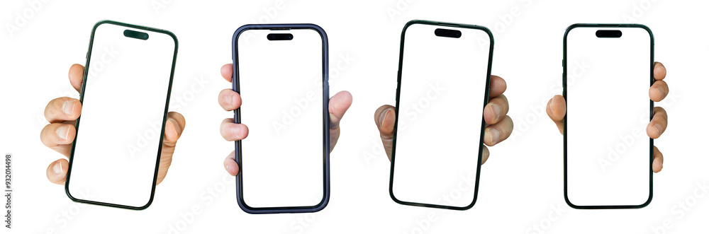 Sticker hand holding mobile smartphone with blank transparent screen and background - png file