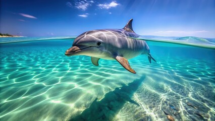 Fototapeta premium Playful dolphin swimming in crystal clear waters, marine life, ocean, sea creature, wildlife, aquatic, mammal