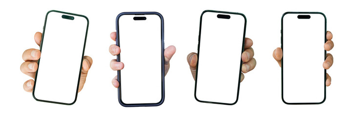 Hand holding mobile smartphone with blank transparent screen and background - PNG file