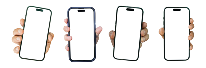 Hand holding mobile smartphone with blank transparent screen and background - PNG file