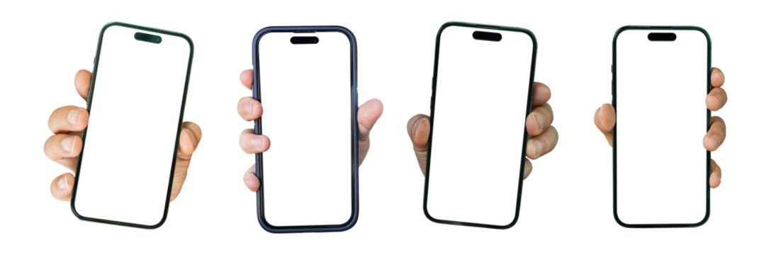 Hand holding mobile smartphone with blank transparent screen and background - PNG file