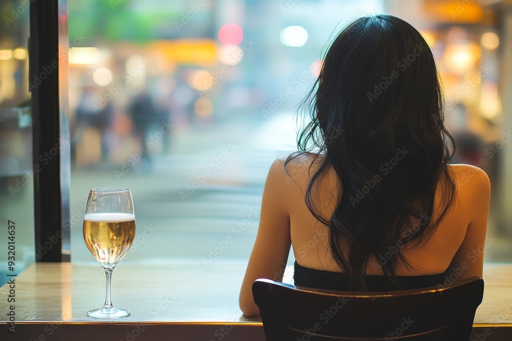 Poster serene and contemplative image of a woman sitting alone at a table by a window with a glass of wine 