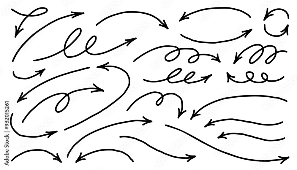 Wall mural hand drawn line dynamic arrows set. vector black design elements isolated on white background.