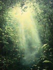 Obraz premium Enchanting Rainforest Canopy with Cascading Waterfall in Painterly Oil Style