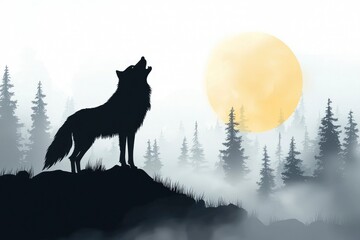 Wolf howling at the moon in a foggy forest