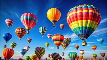Obraz premium Colorful hot air balloons flying high in a clear blue sky, sunny, vibrant, aerial, adventure, freedom, journey, scenic
