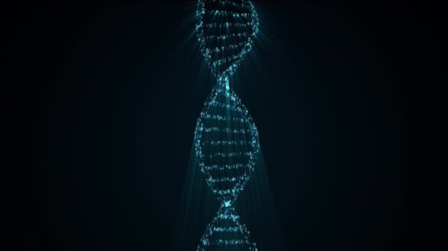 DNA strand symbol animation from glowing binary code symbols on black background, 4k abstract science tech animated template