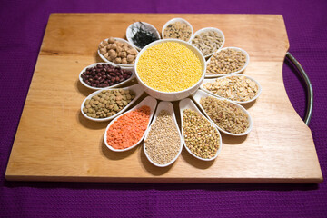 Sample of different types of grains and vegetarian ingredients