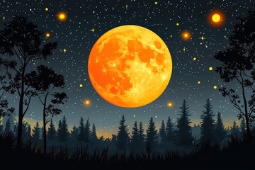 Naklejka premium Full Moon Night Sky With Stars and Silhouettes of Trees