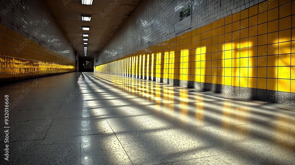 Wall mural long hallway with yellow-black tiles and lit floor at end