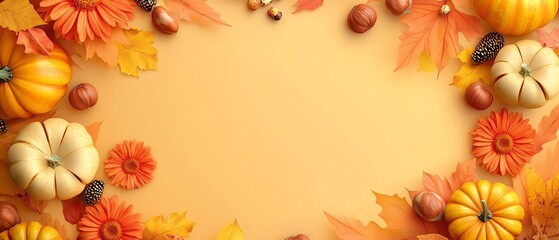 A vibrant autumn background featuring pumpkins, colorful leaves, and cheerful flowers, perfect for seasonal designs.