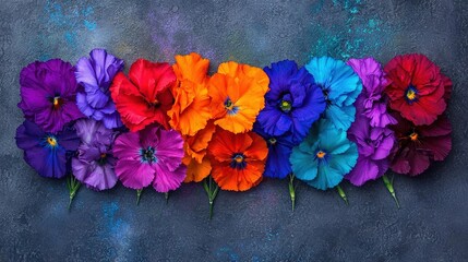   A rainbow of blossoms atop a slate surface alongside azure-and-white backdrop