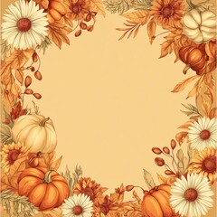 Beautiful autumn frame with pumpkins and flowers in warm tones, perfect for seasonal designs and festive occasions.