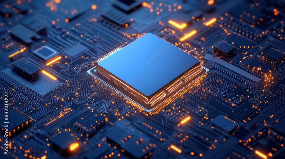 Poster a close-up view of a computer chip on a circuit board