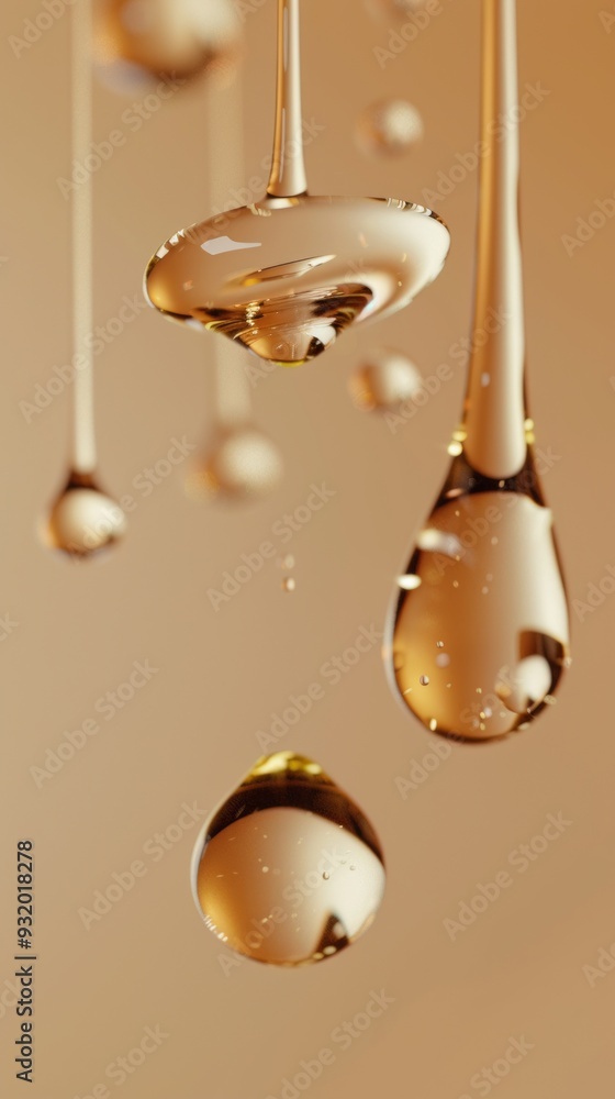 Poster elegant oil droplets cascade downward, reflecting light and creating a luxurious atmosphere with the