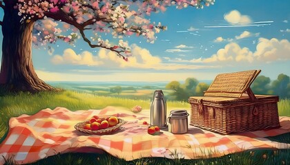 Retirement Picnic Scene- A vintage illustration of a picnic setup scene with a classic wicker basket with food. Graphic art illustration with summer view landscape