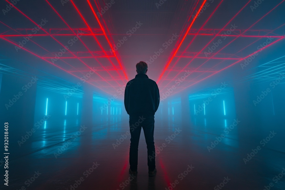Poster futuristic dynamic image of a man standing alone in a tunnel illuminated by red and blue neon lights