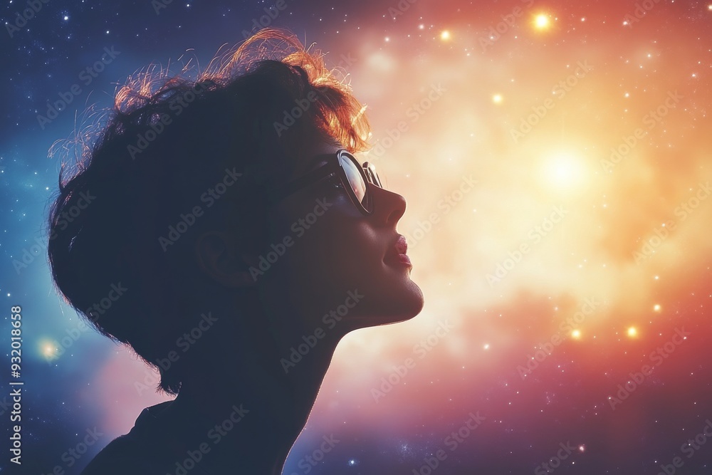 Poster ethereal and contemplative image of a person gazing upwards surrounded by cosmic light and stars sym