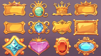 A collection of gold frames with gems and crowns.
