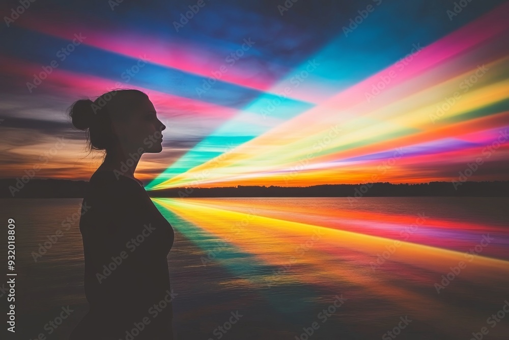 Poster serene and contemplative image of a person standing at sunset with vibrant beams of light creating a