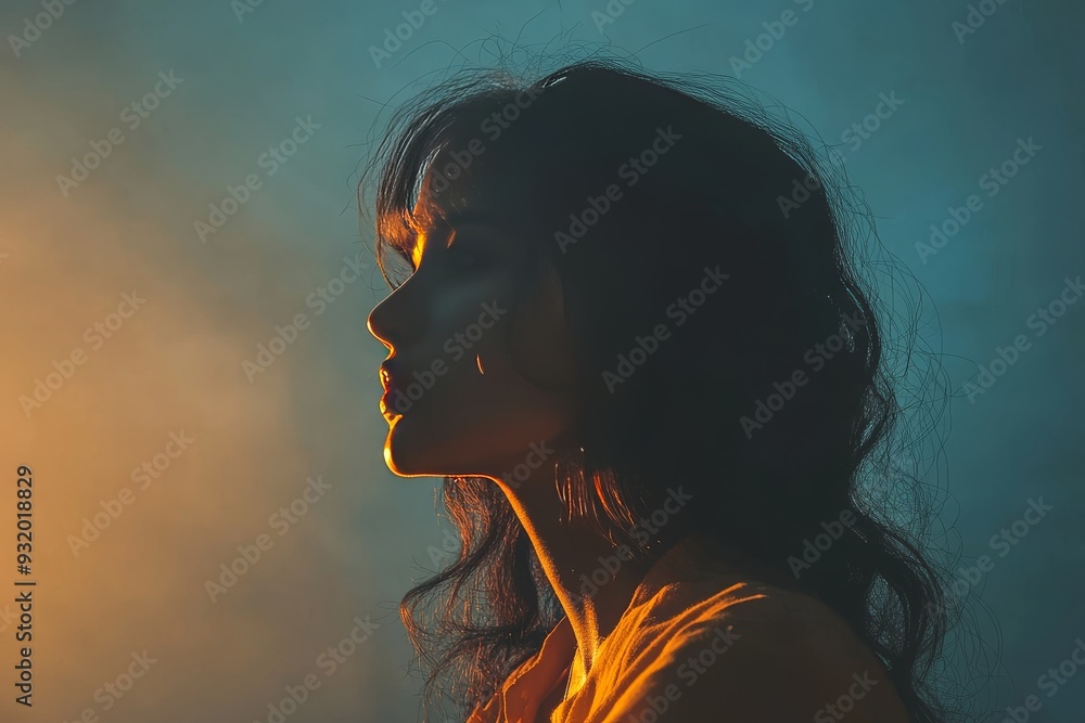 Poster introspective and artistic side profile portrait of a woman illuminated by warm colorful lighting ca