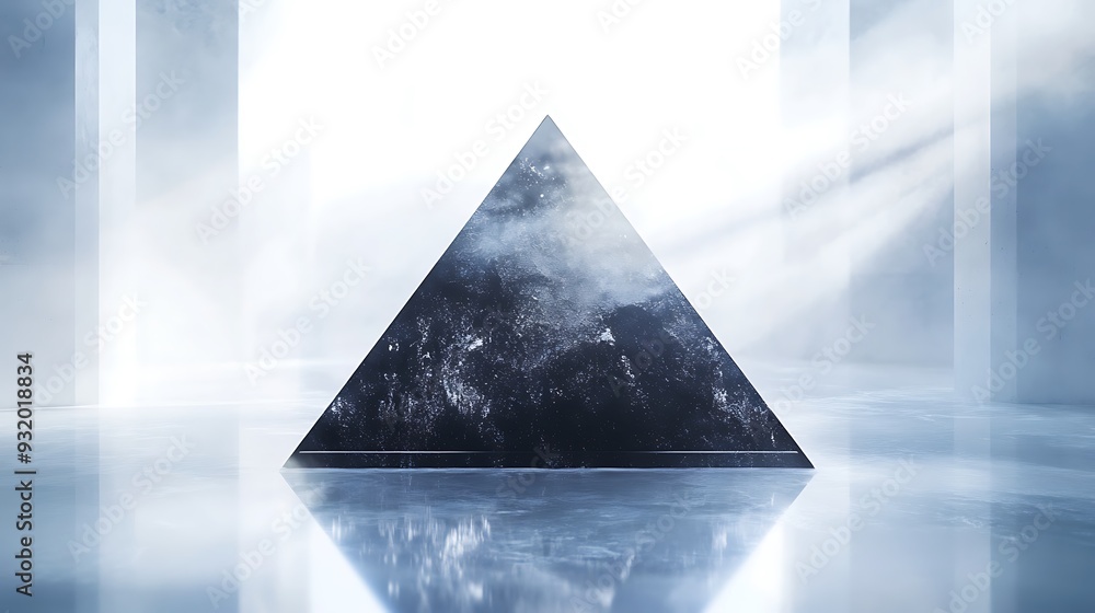 Poster otherworldly illumination - ethereal white and silver background with floating obsidian pyramid cent