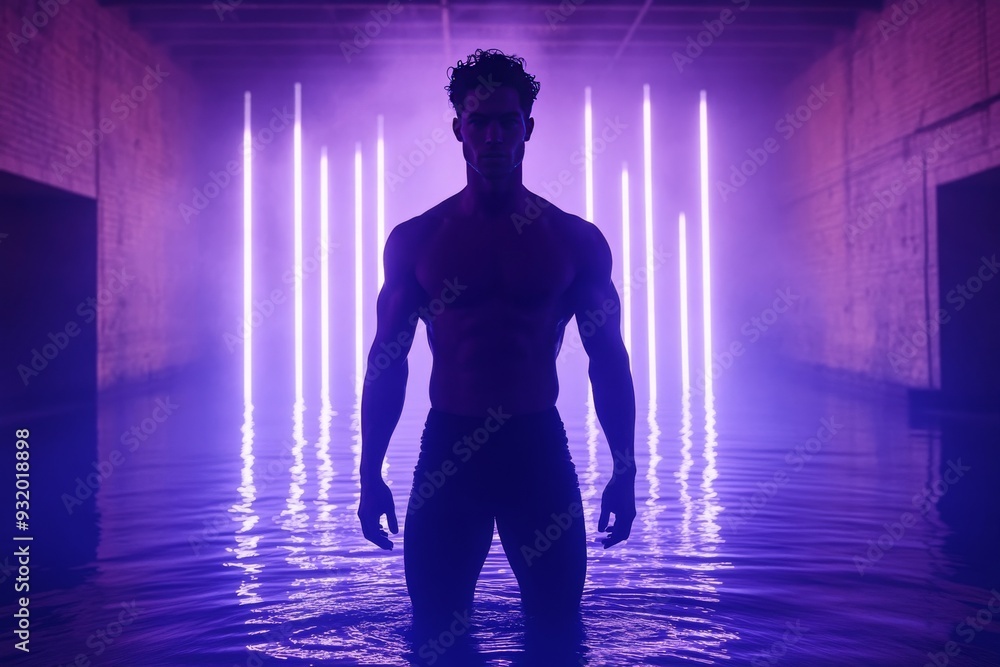 Poster futuristic and powerful silhouette of a man standing in a corridor with vertical neon lights symboli
