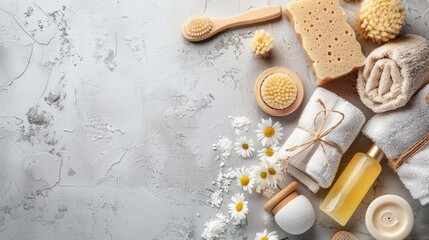 Personal care products for bathroom grooming soap scrub sponge towel brush pumice body care concept text space