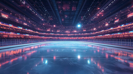 Close-Up View of a Modern Illuminated Ice Arena with Reflective Surface