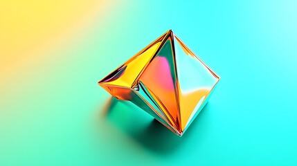 Geometric Elegance: Turquoise and Lime Abstract Background with Metallic Orange Tetrahedron Centerpiece