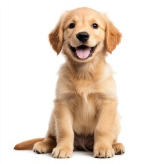 Golden Retriever Puppy Sitting with Tongue Out on White Background