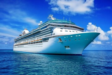 A magnificent cruise ship sails gracefully on calm blue waters under clear, sunny skies