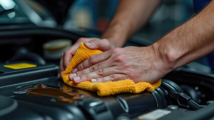 Focused on a person meticulously cleaning an engine with a yellow cloth, this image highlights the importance of cleanliness, attention to detail, and dedication in maintaining mechanical components.