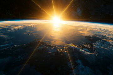 Partial silhouette of the Earth with sunlight outline in space