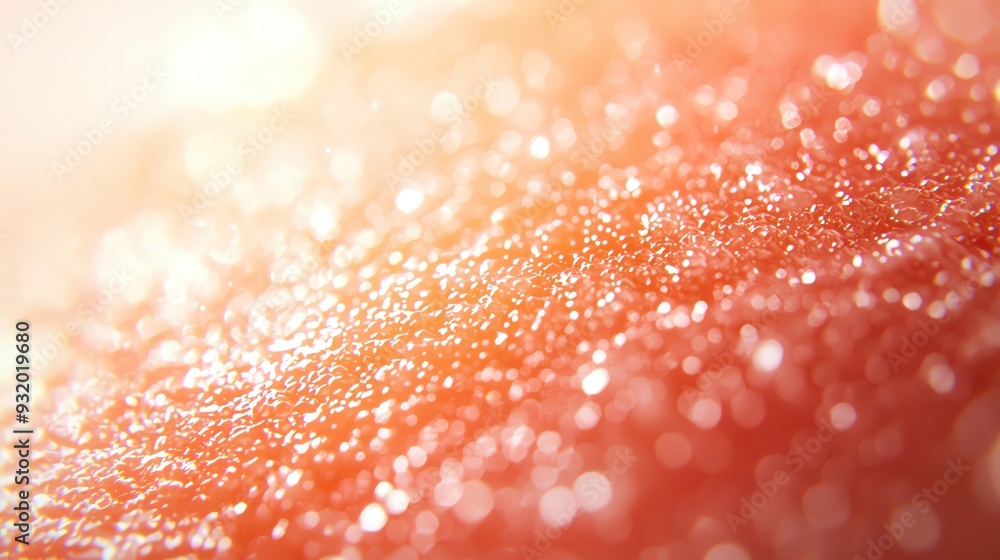 Poster a close-up view of a textured surface with sparkling particles reflecting light, creating a warm and