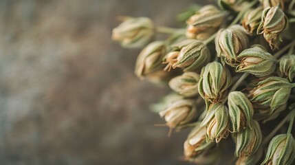 Obraz premium Close up of Freshly Harvested Hemp Flower Buds Showcasing their Intricate Texture and Details Against a Neutral Background with Copy Space