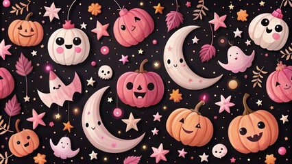 Fototapeta premium Whimsical black and pink Halloween with ghosts, pumpkins, moons, and stars on a dark background, ghosts, pumpkins, moons, stars