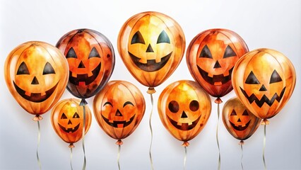 Obraz premium of Halloween balloons with jack-o'-lantern faces in watercolor style, Halloween, balloons, orange, violet, cute