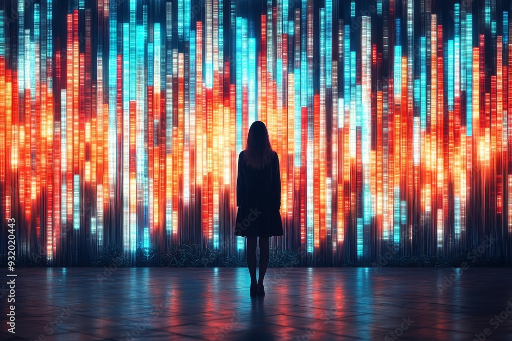 Poster futuristic and dynamic image of a woman standing in front of a wall of multicolored led lights symbo