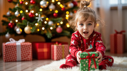 Excited girl opening christmas gift by tree, festive holiday scene, unwrapping christmas presents, happy kid smiling hd
