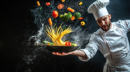 chef holding a pan with pasta and flying vegetables