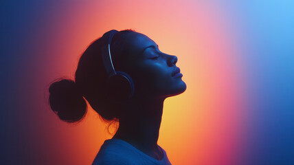 woman with headphones, studio lighting background