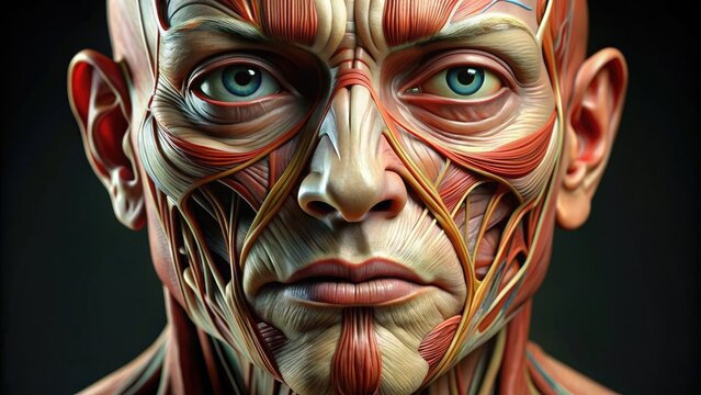 Close-up of a human face, highlighting the intricate details of the facial anatomy, including the eyes, nose, mouth, and surrounding muscles and bones.