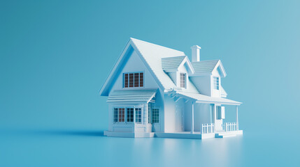A white 3D model of a house with a porch and a chimney
